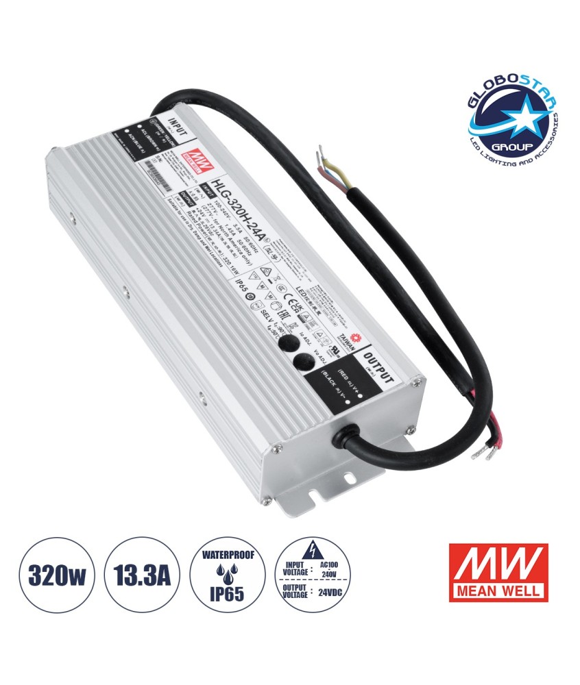 GLOBOSTAR® MEANWELL-HLG320H-24A 90794 Τροφοδοτικό-Μετασχηματιστής SELV 320W 13.3A DC24V Αδιάβροχο IP65 - AC 220-240V σε DC 24V - Ρυθμιζόμενο από DC 21V έως DC 26V - Μ25.2 x Π9 x Υ4.38cm - 3 Χρόνια Εγγύηση